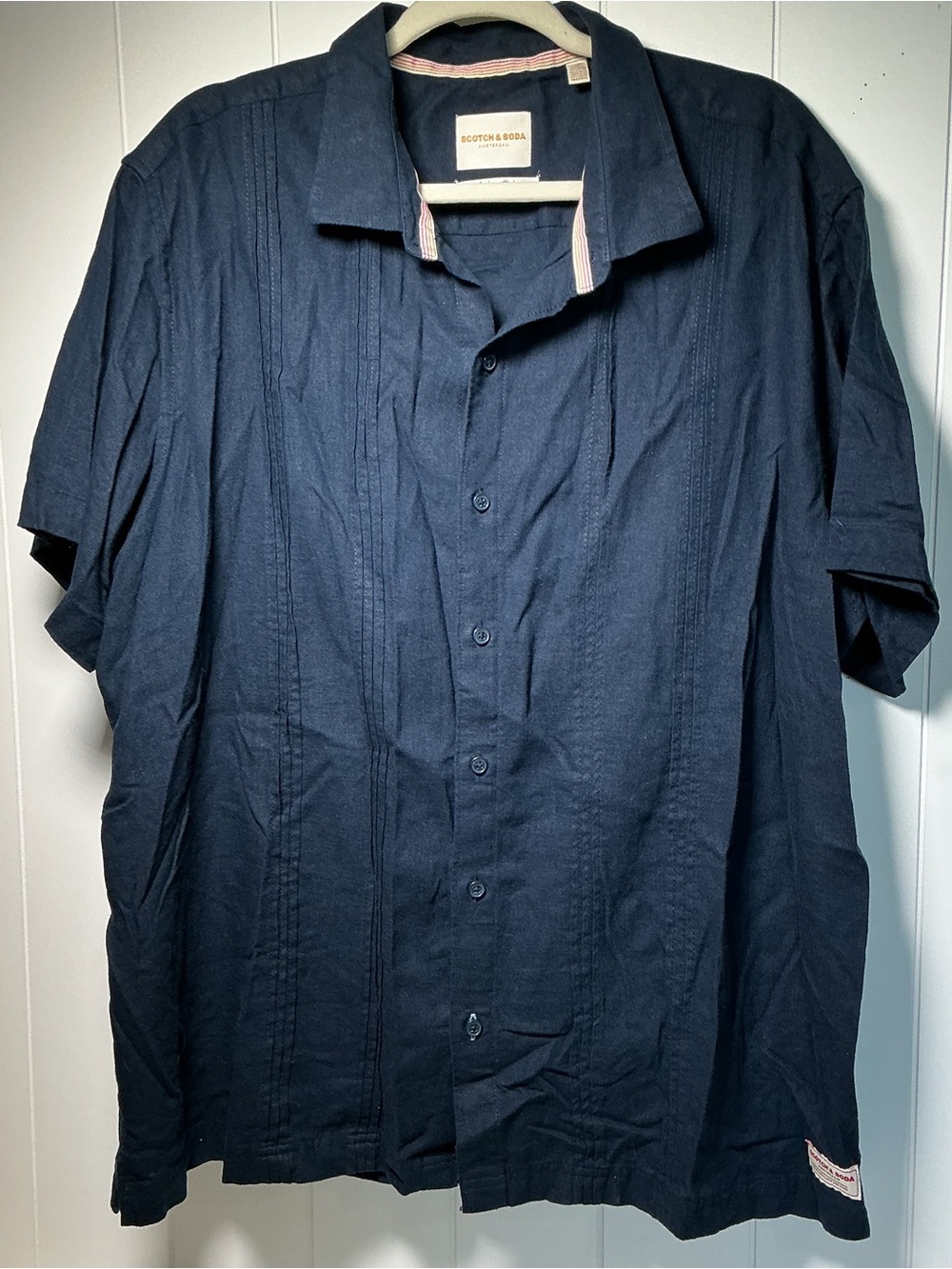 Scotch & Soda Men’s XXL Button Front Shirt Navy Blue Linen Blend Short Sleeve